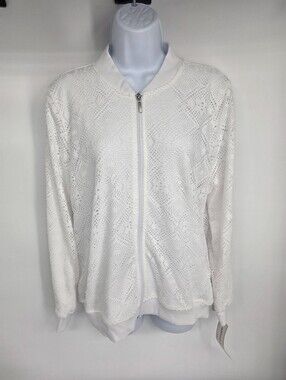 NWT Alfred Dunner Women's White Lace Bomber Jacket Size 10 Full Zip Lightweight